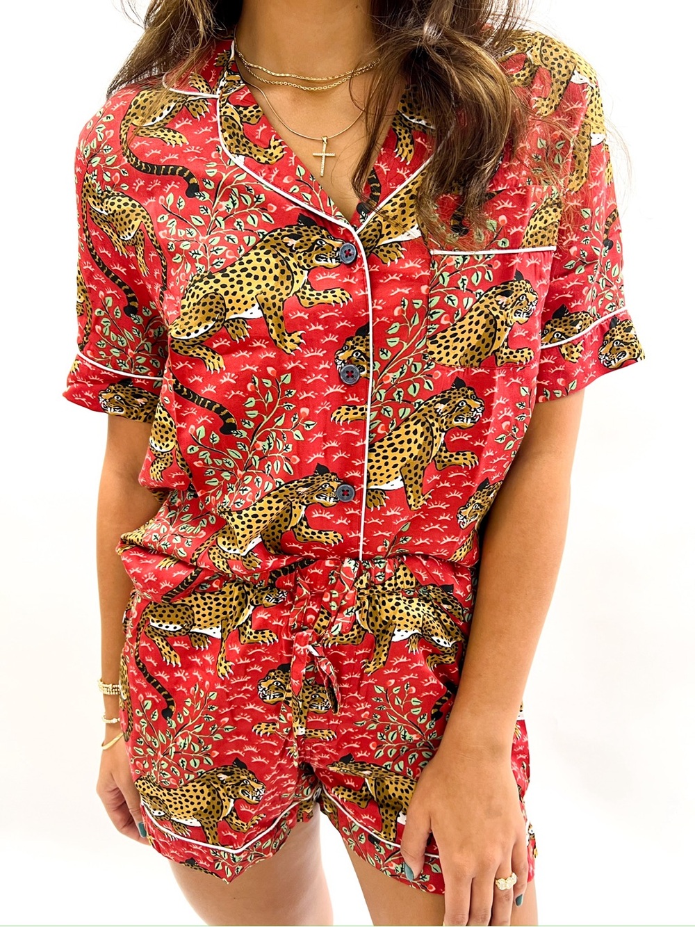 Red Leopard-Print Short Pajama Set - Women's Sleepwear